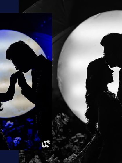 A collage of romantic silhouette shots against the moon backdrop. These black and white images are artistic and timeless, focusing on the couple's connection and the creative theme of the night.