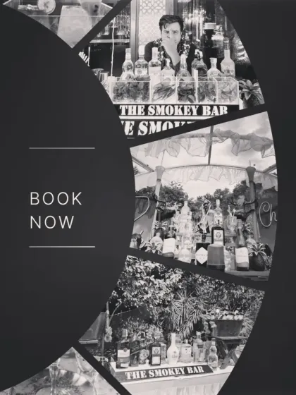 A simple and elegant 'Book Now' graphic featuring a collage of my different bar setups in black and white.