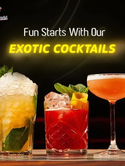 The fun starts with our exotic cocktails. This trio of drinks, including a crushed ice mojito and a classic sour, shows the variety we offer to get any party started.