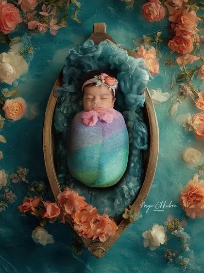Setting sail on a sea of dreams. This boat prop, surrounded by a river of flowers, creates a whimsical and artistic portrait for this beautiful baby girl.
