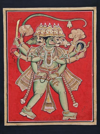 Another depiction of Panchamukhi Anjaneya, with each of his five faces representing his formidable aspects: Hanuman, Narasimha, Garuda, Varaha, and Hayagriva.