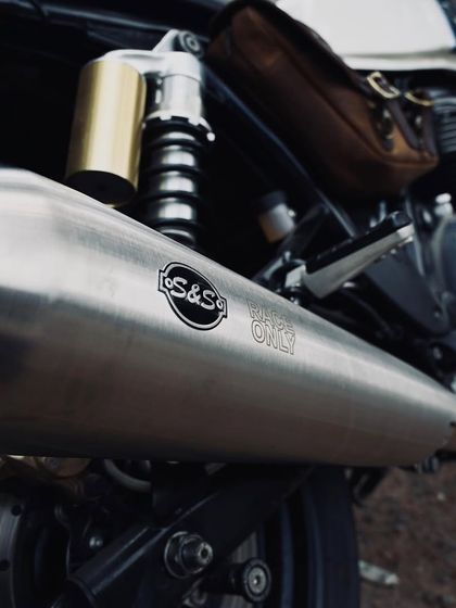 A close-up of the S&S "Race Only" exhaust on the Continental GT 650. A free-flowing exhaust needs proper fueling, which is where FuelX comes in.