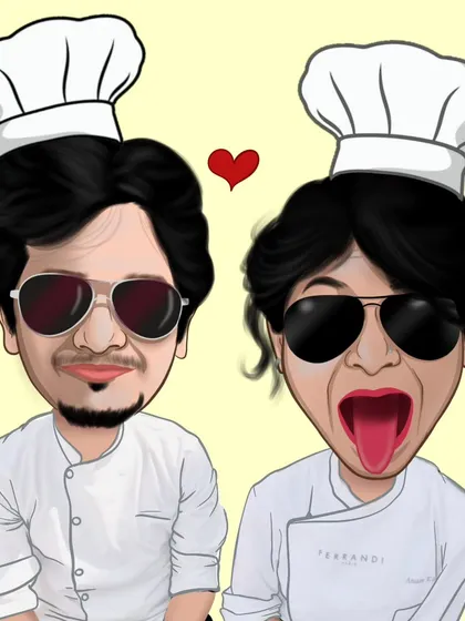 A fun digital caricature of a couple of chefs. I can create themed portraits that reflect your profession, hobbies, or passions.