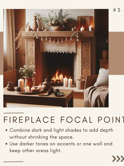 A fireplace is a natural focal point. I balanced the dark, carved wood of the mantel with light-colored walls and decor to add depth without making the room feel smaller.