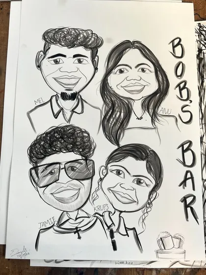 It's always a good time drawing for a fun crowd. This group caricature for the "Bob's Bar" team was a blast to create and shows how I can capture the spirit of any group, big or small.