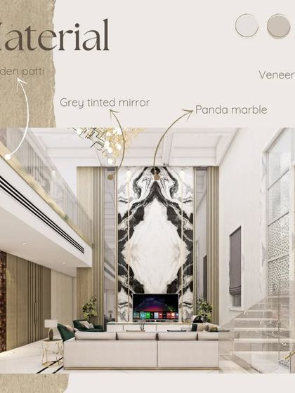 A material palette visualization for the living area, highlighting the use of panda marble, grey tinted mirror, and veneer. This board was crucial in defining the project's aesthetic before execution.