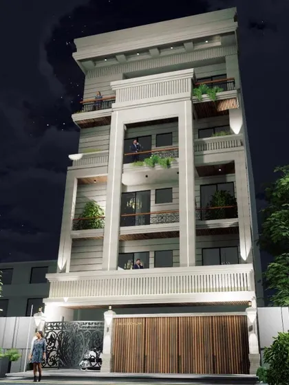 A night view rendering of a classic residential facade, showcasing how tailored lighting enhances the architectural details. The design balances vertical massing with intricate elements to create a sense of timeless opulence.