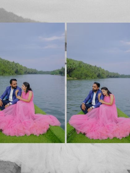 A collage showing a romantic pre-wedding shoot on a boat. The pink trail gown spreads out beautifully, creating a dreamy, movie-like scene on the water.