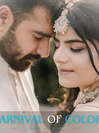 A close-up, artistic portrait from the Haldi ceremony. This image, titled "Carnival of Colors," focuses on the couple's serene expressions and the traditional details of their attire.