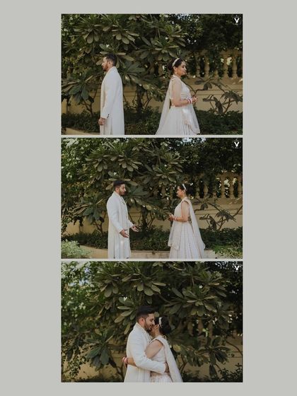 A three-part story of a first look in a garden. The sequence beautifully captures the groom waiting, the bride's approach, and their first kiss, telling a complete story of love and anticipation.