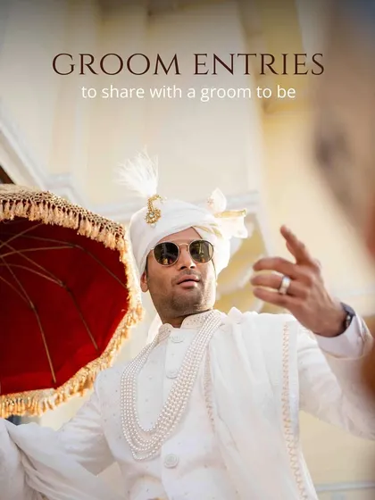 An epic groom entry for a royal wedding. This collage showcases different styles, from the groom dancing with swagger under a traditional umbrella to arriving like a king with his entourage.