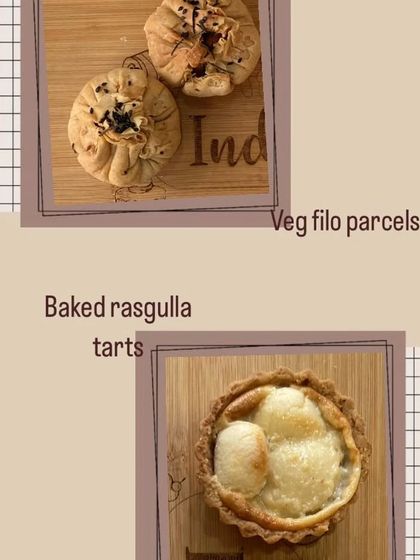 A little collage showing off two of my popular bakes: the savory Veg Filo Parcels and my sweet Baked Rasgulla Tarts. A perfect combination of spicy and sweet.