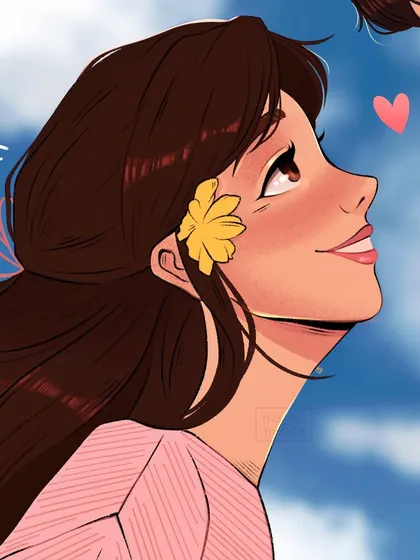 A close-up of the female character from my 'Young Love' piece. I focused on her happy, upward gaze and the soft flower in her hair to emphasize the feeling of being smitten.