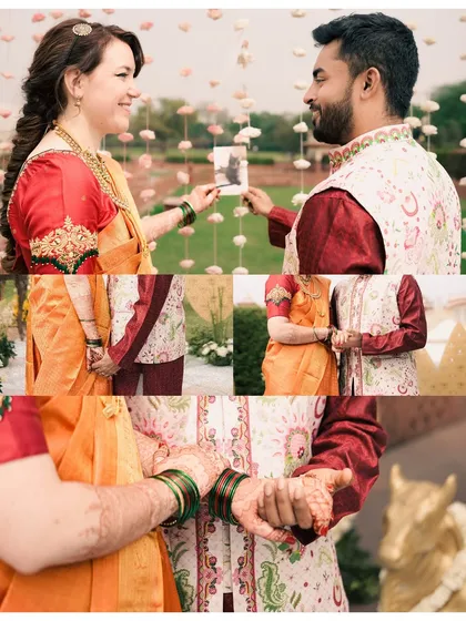 A multi-frame image telling a story of togetherness. It combines a portrait of the couple with close-ups of them holding hands, emphasizing their bond and the beauty of their traditional attire.