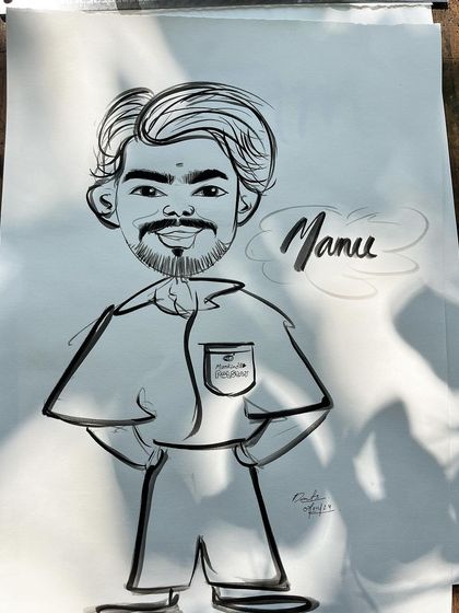 A full-body solo caricature of "Manu." This style is great for showing off a person's stance and attitude, not just their face.
