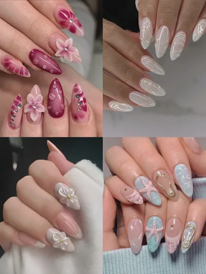 This collage displays the variety of 3D nail art styles taught in our masterclass. From delicate flowers and seashells to intricate patterns, students learn to sculpt and create wearable art.