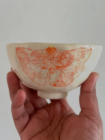A small bowl decorated with a moth transfer. Nature provides endless inspiration for surface decoration.