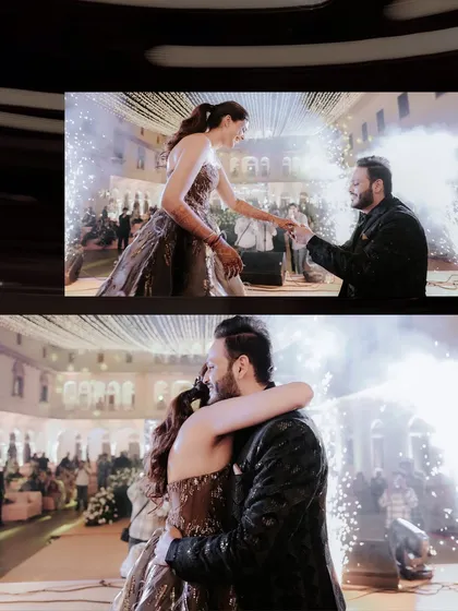 A surprise proposal during the Sangeet. We are always ready to capture unexpected, emotional moments like this, with pyrotechnics adding to the drama.