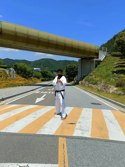 On a crosswalk in Muju, ready for the next training session.