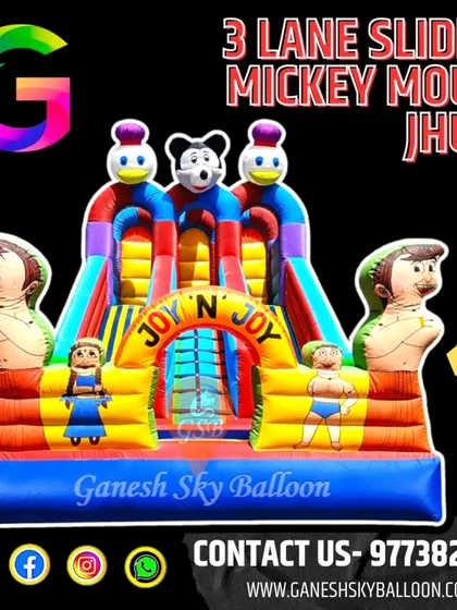 This is our 3-lane sliding Mickey Mouse jhula, a very popular design. It features fun characters and multiple slides, which is great for parties where kids love to race.