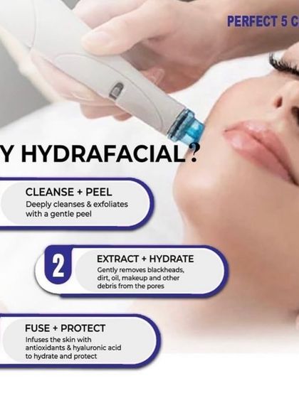 Why choose Hydrafacial? This visual breaks down the three essential steps: Cleanse + Peel, Extract + Hydrate, and Fuse + Protect, which work together to give you the best skin of your life.