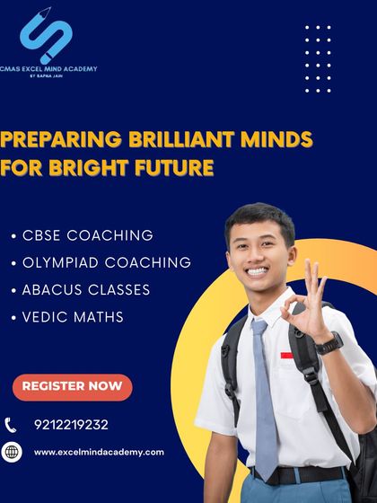 Preparing brilliant minds for a bright future. This poster lists our core offerings, including CBSE coaching, Olympiad training, Abacus, and Vedic Maths.