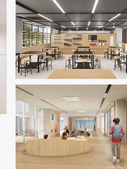 A collage showing a maker's lab and a collaborative learning nook. We are redefining schools by integrating technology into spaces that encourage hands-on learning and social connection.