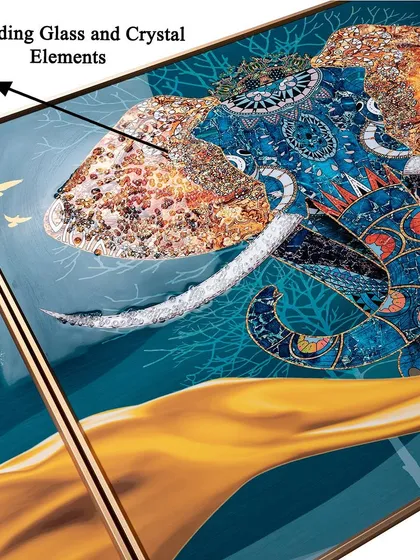 A closer look at the Udaipur Elephant crystal glass painting reveals the intricate protruding glass and crystal elements. These details give the artwork a stunning 3D effect and a luxurious texture.