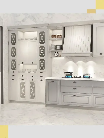 This image focuses on the tall pantry unit, a statement piece that offers immense storage capacity while enhancing the kitchen's classic aesthetic.