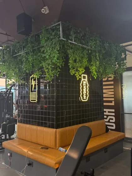 The stylish and motivating interior of The Fitness Bar, with neon signs and lush greenery.