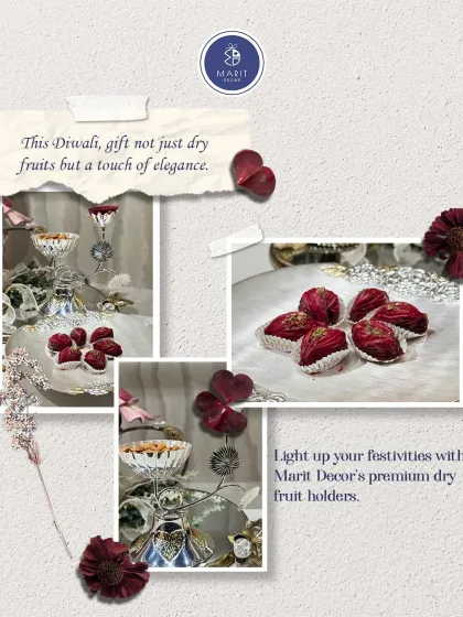 A collage showing my premium dry fruit holders, the Maple Noor stand and Roselle 'thal'. This Diwali, gift not just dry fruits, but a touch of elegance.