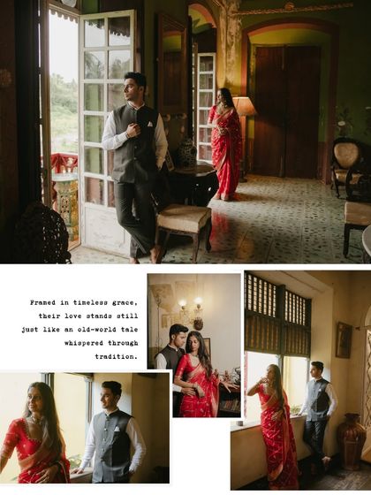 A collage from a heritage shoot, showing the couple in various classic poses. The images capture the grace and timelessness of their love, framed by vintage interiors.