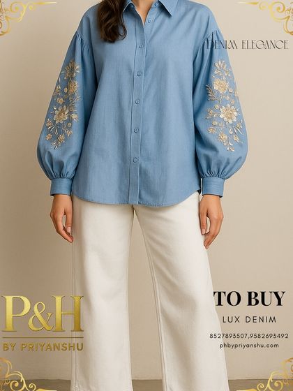A close-up of the light-wash blue denim shirt, highlighting the delicate gold floral embroidery on the puff sleeves.