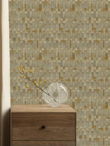 A close-up of a textured design from the Prakriti collection. This pattern uses natural, earthy tones and a woven appearance to add subtle warmth and sophistication, ideal for a minimalist bedroom.