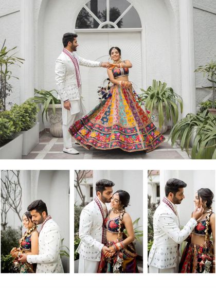 A collage of tender and playful moments from a Mehendi function, including a twirl, a kiss on the forehead, and sweet glances.