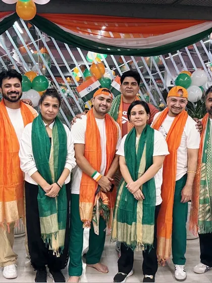 The whole gang together for our Independence Day celebration. We love incorporating the tricolor into our outfits to show our spirit.