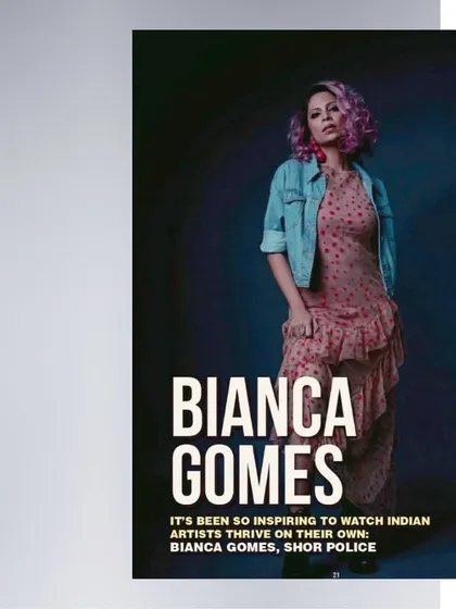 Another look for Bianca Gomes, featured in a magazine spread. Here, I layered a casual denim jacket over a ruffled polka-dot dress to create a look that is both soft and strong, reflecting the inspiring journey of independent Indian artists.