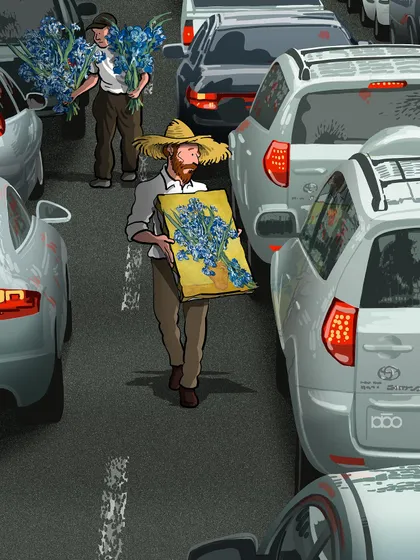 A sharp commentary on inequality. I show Vincent trying to sell his painting of irises in a traffic jam, walking between luxury cars while a flower seller carries the real thing. It questions the value we place on things and the inherent absurdity of inequality.