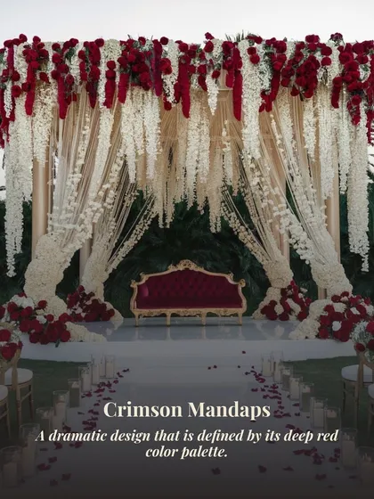 A "Crimson Mandap" is for couples who want drama and passion. This design uses a deep red and white color palette to create a bold and unforgettable look.