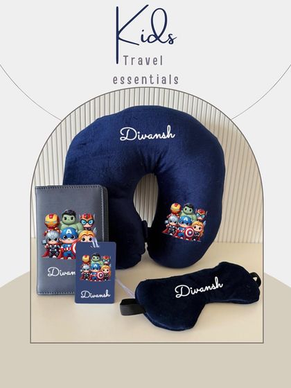 Travel in comfort with our kids' travel essentials set. This Avengers-themed set includes a personalised neck pillow, eye mask, passport cover, and luggage tag.
