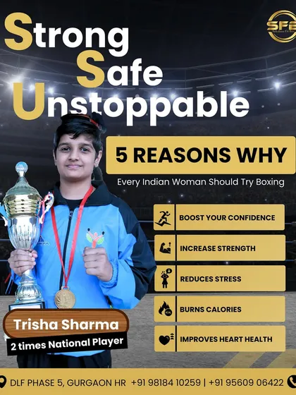 Featuring two-time national player Trisha Sharma, this post highlights five key reasons every woman should try boxing: boosting confidence, increasing strength, reducing stress, burning calories, and improving heart health.