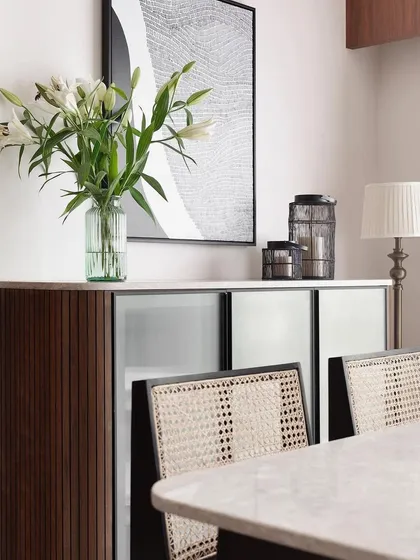 A close-up of the dining area with my Jeanneret chairs.