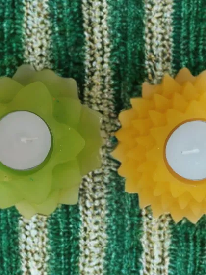 Here you can see two different T-light holder designs side-by-side. I can create them in any color you like, such as this leafy green and sunny yellow, to perfectly match your wedding or event color palette.