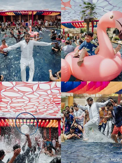 A collage of fun and chaotic moments from the pool party, with guests splashing, dancing, and enjoying the celebration.