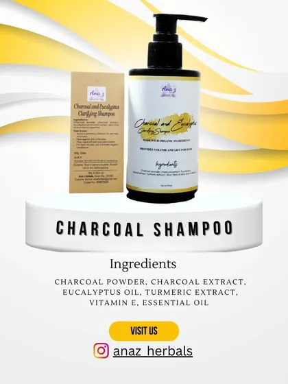 My Charcoal & Eucalyptus Clarifying Shampoo is perfect for a deep cleanse. This graphic shows the natural ingredients I use, like charcoal powder and eucalyptus oil, to remove buildup and refresh your scalp.