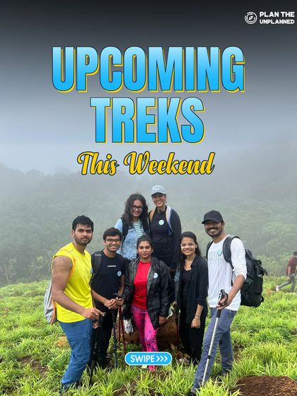 A group of trekkers on a grassy hill, ready for their weekend adventure. Swipe to see all the exciting destinations we have planned.