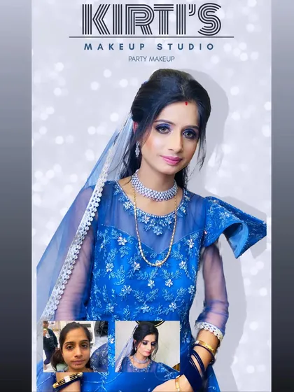 A before and after for a party makeup look. The client looks stunning and confident in her blue dress and perfectly matching makeup.