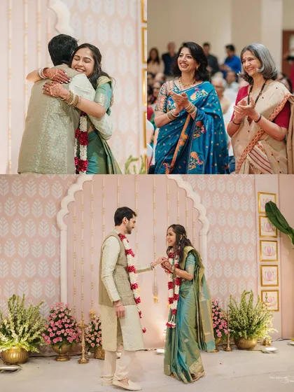 This collage captures the essence of an engagement: the emotional hugs with family, the proud smiles of parents, and the central moment of the couple's union.