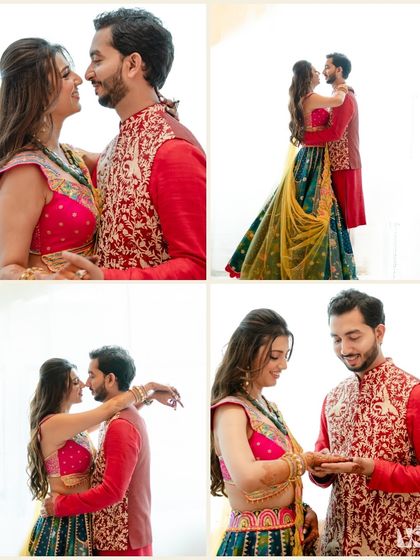 A vibrant collage from a couple's shoot, showcasing their colorful traditional outfits. The images capture their chemistry and the joyful moments of their arranged love story.