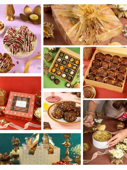 A collage of our sweet Diwali offerings. This image highlights our assorted dessert boxes, including handcrafted truffles and other indulgent treats, all beautifully packaged for gifting.